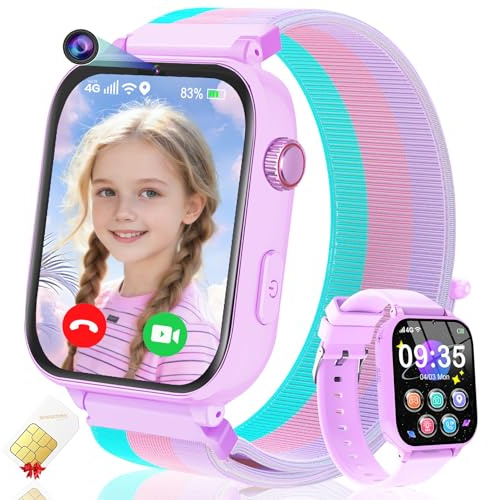 4G Kids Smart Watch for Boys Girls, Kid Watch Phone Ages 4-12 with Call, GPS, SOS, Video Call, Games, Camera, Alarm, Touchscreen Smartwatch for Children Birthday Gift (Includes SIM Card),Purple