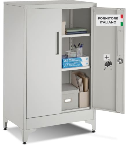 tectake® Armoire à dossiers 60 x 40 x 100 cm, Portes à Fermeture magnétique verrouillables, 2 étagères réglables, Armoire de Bureau en Acier thermolaqué, Meuble de Rangement Dossiers, Classeurs - Gris
