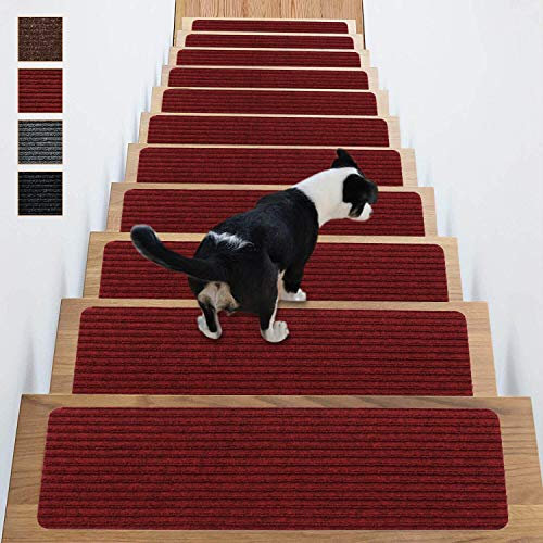 Antdle Carpet Stair Treads for Wooden Steps Non-Slip Indoor 16pcs 8x30inch Safety Rug Slip Resistant Indoor Runner for Kids Elders and Pets with Reusable Adhesive,Dark Red