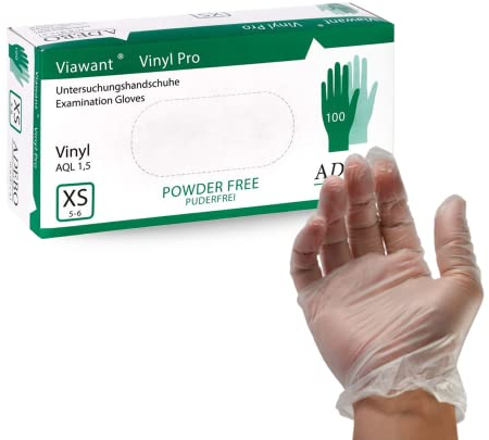 Vinylhandschuhe 100 Stück | XS | Einweghandschuhe Vinyl Handschuhe Sehr tastsensibel – Stabil, Puderfrei & Latexfrei – Reißfeste Gummihandschuhe | Gr. XS, S, M, L, XL