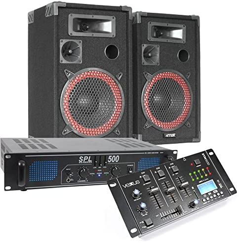 MAX DJ Komplettset - Lautsprecher Set 500 Watt mit Verstärker DJ Mixer und Audio Kabeln, DJ Boxen Set, Musikboxen, Sound Anlage, DJ Anlage, PA Anlage, PA Boxen, PA Speaker Set
