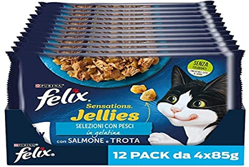 FELIX Sensations Cibo Umido per Gatti Adulti in Gelatina con Gamberetti, Trota e Spinaci 48 Buste da 85g
