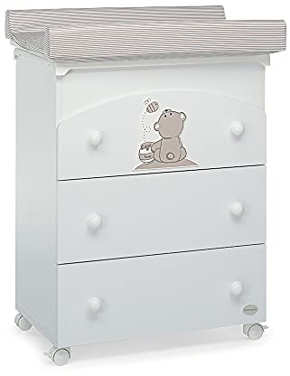 Foppapedretti Bagnetto Fasciatoio Golosone, Legno, Made in Italy, 3 Cassetti, Piano Fasciatoio Ribaltabile, Vaschetta Anatomica Estraibile, 4 ruote, Materassino Incluso, 47x69x89 cm, Bianco