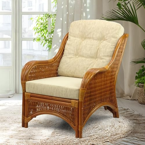 Wickerix Jam Lounge Living Accent Armchair Colonial Color, Natural Rattan Wicker Handmade Design with Cream Cushion