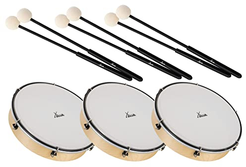 XDrum HTM-12K 12 Handtrommel mit Kunststoff-Fell mit Schlägel 3x Set - Rahmentrommel mit Fell aus Polyester - Stimmbar mit 6 Spannhaken - Holzrahmen aus Ahorn - Ergonomischer Griff - Natur