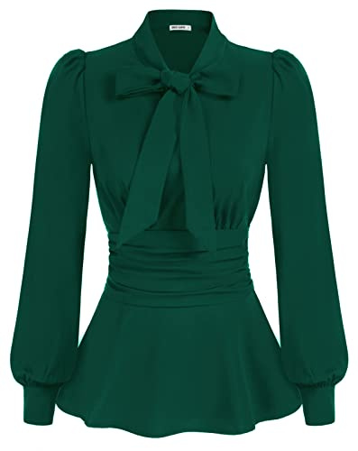 GRACE KARIN Donna Camicetta con Vita Definita Maniche Lunghe a Sbuffo Fiocco Decorativo Ufficio Elegante Top Scollo a V Peplum Orlo Nero/Avorio