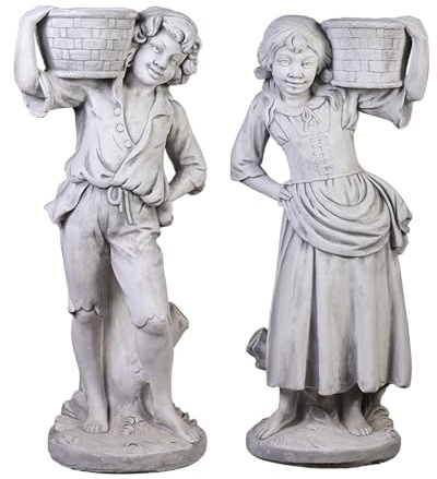 gartendekoparadies.de Statue Junge und Mädchen als Pflanzsäulen, Steinfigur, H. 111 cm, 235 kg, Grau, frostsicher aus Steinguss für Außenbereich