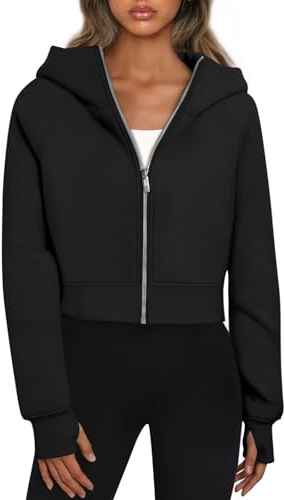 Trendy Queen Womens Zip Up Hoodies Jackets Cropped Sweatshirts Fleece Fall Outfits Casual Comfy Y2k Tops Winter Clothes 2026 Black L