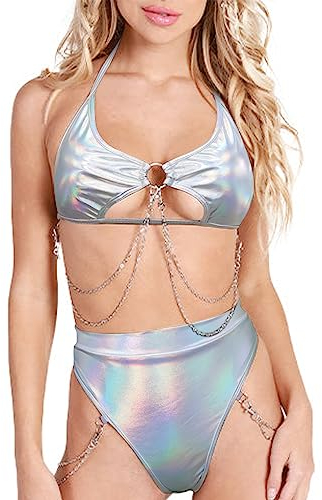 Ella Lust Rave Outfits für Frauen – Sexy Festival Unterbrustausschnitt Top Disco Silberkette Hoch Cut Bottom Nachtclub Bikini Set, Silberfarbenes Hologramm., Medium