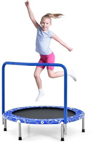 KOMFOTTEU Trampolín Infantil de 92 cm, Cama Elástica Plegable para Niños, Mini Trampolín con Asa y Cubierta de Seguridad, Trampolín para Niños con Capacidad 150 kg, para Interior y Exterior (Azul)