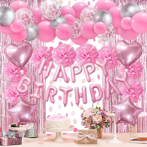 ZERODECO Rosa Geburtstagsdeko, Happy Birthday Girlande Pompons Fransen Vorhang Luftballons Geburtstagsdeko Mädchen Geburtstagsdeko Frauen Damen Kindergeburtstag Deko Geburtstag Party Zubehör