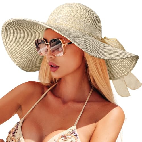 Beach Sun Hats for Women,Wide Brim Straw Hat Floppy Packable UPF 50+ UV Protection with for Summer