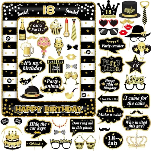 Scettar 53 accesorios para fotos de 18 cumpleaños, marco de fotos inflable negro y dorado, accesorios para 18 cajas de fotos, accesorios para decoración de fiesta de 18 cumpleaños (18 cumpleaños)