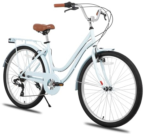 HH HILAND 26 inch Beach Cruiser Bike for Men and Women, 7 Speed Step-Through Frame Adult Bicycle with Rear Rack, Retro Bike Commuter City Bicycle, Blue