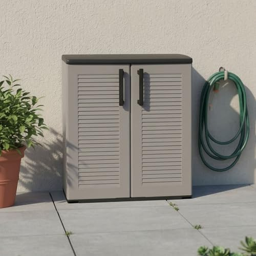 Dmora - MOL Outdoor-Garderobe, Mehrzweck-Balkonschrank, Outdoor-Schrank mit 2 Türen, 100% Made in Italy, 68 x 37 x 84 cm, gestreifte Oberfläche, Grau und Schwarz