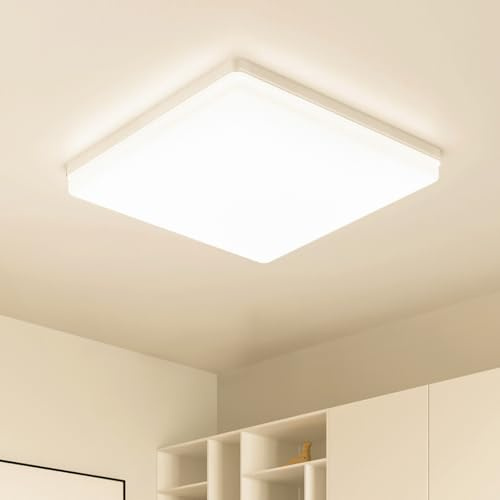 Kuwork Plafón LED techo 48 W: 30 x 30 cm 3000 K lámpara de techo LED moderna, 4800 lm lámpara LED luz techo para dormitorio, baño, cocina, salón, balcón, cuadrado, blanco