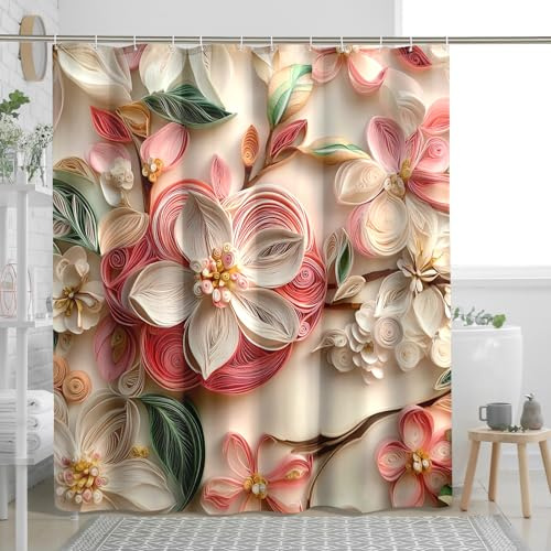 DESIHOM Paper Quilling Apples Blossoms Shower Curtain Set, Art Floral Shower Curtain, 3D Flower Bathroom Accessories, Fabric Decorative -72 Inch