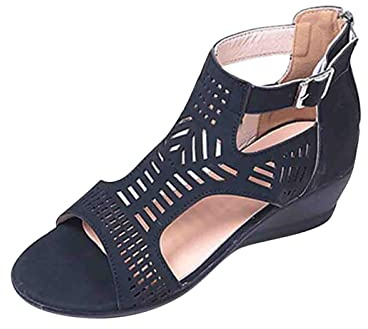 Women's Hollow Gladiator Sandals Sale Clearance, Ladies Fashion Open Toe Sandal, Cut Out Back Zip Shoes Breathable Non Slip Wedge Heel Slippers Boho Beach Shoe Casual Comfortable Footwear Black