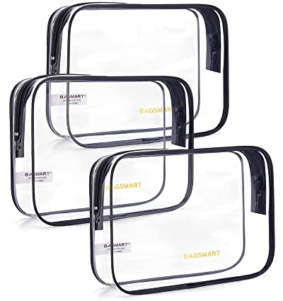 BAGSMART 3pcs Clear Toiletry Bag TSA Travel Essential for Makeup Liquids | PVC Waterproof, TSA Approved Airport Security, Cosmetics, Toiletries & Medicine Organisesr, Black