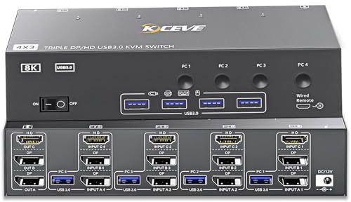 YOUTINGHDAV KVM Switch 4 PC 3 Monitor 8K@60Hz 4K@144 Hz, USB 3.0 KVM Switch Triple Monitor 2 Displayport + HDMI for 4 PC Condividono Mouse Tastiera, Wired Remote(8K DP HD 4 in 3 out)