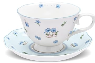 fanquare Tasse et soucoupe en céramique avec motif fleur bleue ballon Tasse à thé élégante en porcelaine, lavable au lave-vaisselle, idéale pour les goûters ou les cafés à la maison, cadeau 250 ml