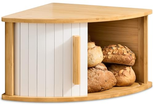 Praknu Panera de Esquina de Madera con Puerta Deslizante – Ahorra Espacio – Conserva el Pan Fresco por Más Tiempo – Montaje Sencillo con Guía (Blanco)