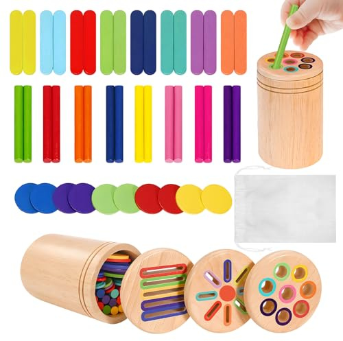 Montessori Jouet 3 en 1 en bois pour enfants à partir de 1 à 3 ans, jouet sensoriel pour bébé, jouet de motricité, favorise le tri des couleurs et la motricité fine, cadeau pour garçons et filles