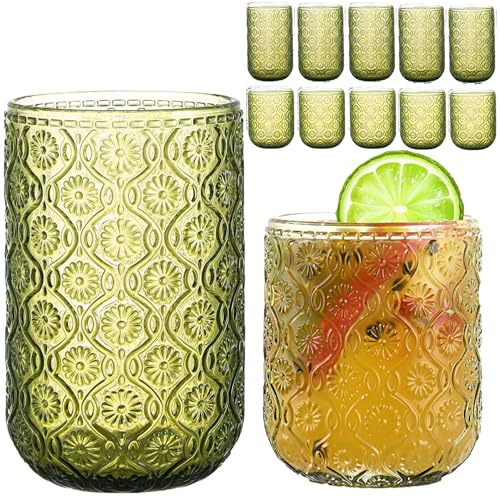 KRYSTHIA 12-delad grön vintage glasuppsättning med blommig prägling | Highball- och cocktailglas (12 oz och 10 oz) | Perfekt för vatten, juice, öl, cocktails & whiskey