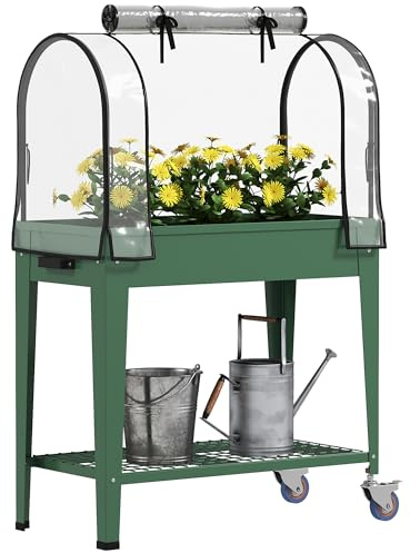 Outsunny Huerto Urbano Elevado con Ruedas, Mesa de Cultivo con Cubierta PVC de Invernadero y Estante Inferior para Cultivo, Plantas, Flores y Verduras, 80x40x120 cm, Verde