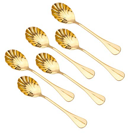 TrUSBER Cuillères à café en acier inoxydable en forme de coquillage vintage pour café, espresso, cappuccino, desserts, sucre, démithasse, thé de l'après-midi, cuisine et bar, petit (lot de 6) doré
