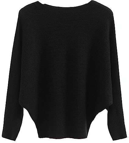 FULIER Boat Neck Batwing Sleeves Dolman Knitted Sweaters and Pullovers Tops for Women One Size (Black)