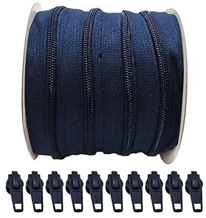 Rotolo da 25 Metri di Cerniera Continua in Nylon + 10 Cursori Automatici in Metallo 5#, per Cucire Vestiti, Cerniere, al Metro, (blu 330, 25 metri+10 C)