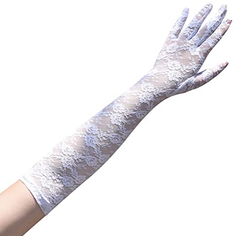 Cosfan spetshandskar för kvinnor, långa blommiga operahandskar, vintage bröllopshandskar, armbågslånga spetshandskar för dans halloween, Vitt, One Size