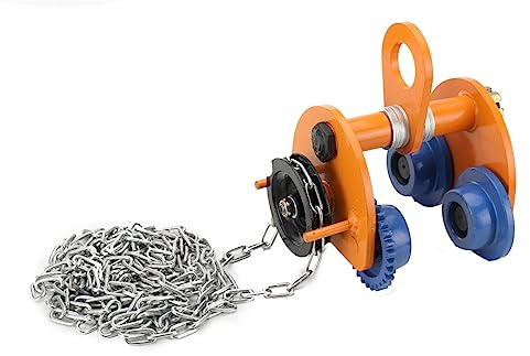 SUDEG Laufkatze bis 2000 kg, Handfahrwerk mit 80mm - 168mm Flanschbreite,Manuelle Handkurbel Laufwagen Gleitenden Balken Laufkatze mit 3m Kette