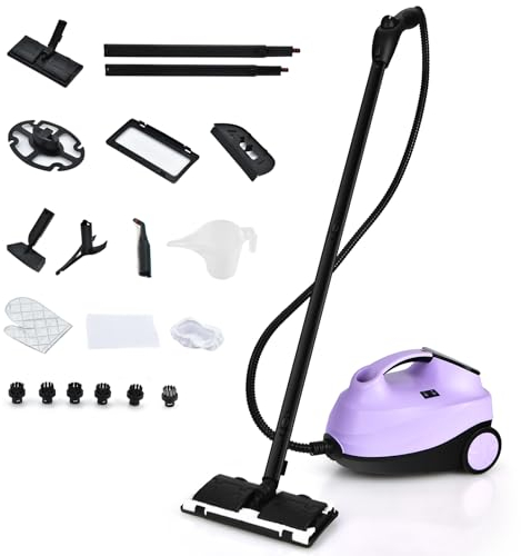 GOPLUS - Limpiador de vapor, 19 accesorios, presión 4 bar, potencia 2000 W, con depósito de agua, 1,5 L, escoba vapor, para alfombras, ventanas, vidrio y cortina, viiolet