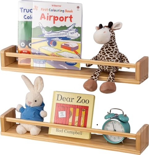 Gieanoo Floating Shelves, Set of 2 Solid Natural Wood Floating Nursery Bookshelves 40cm Wall Mounted Floating Bookshelves Shelves for Wall Organizer for Kids Room, Nursery, Bedroom, Living Room