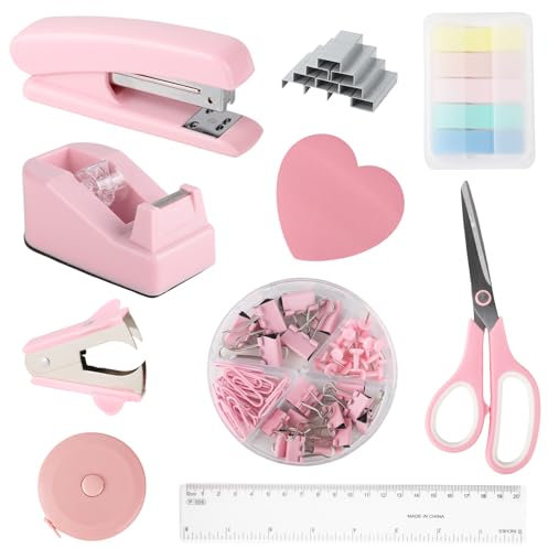 DaizySight Kit de suministros y accesorios de oficina rosa, juego de grapadora y dispensador de cinta para niñas con grapadora, dispensador de cinta, removedor de grapadoras, regla, suministros