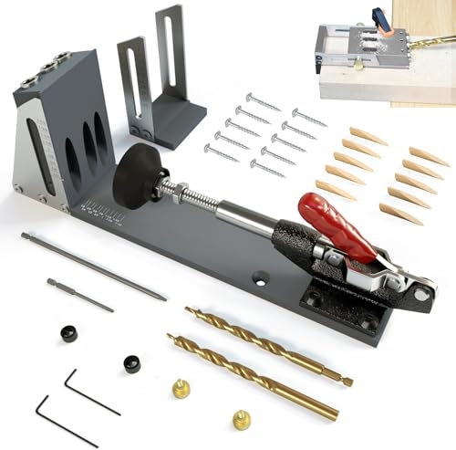 EFUTURETIME Plantilla Perforación para Taladrar en Ángulo de 15° con 2 Brocas 9,5 Mm, 2 Puntas de Destornillador de Cabeza Cuadrada, 10 Tornillos, 10 Tacos de Madera