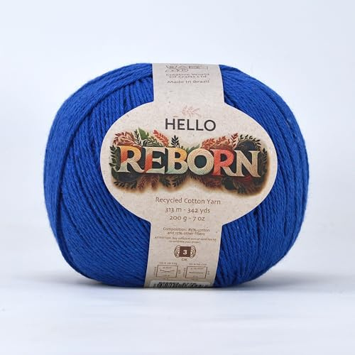 Reborn - Filato di cotone riciclato, colore blu brillante, 200 g DK per uncinetto/lavoro a maglia