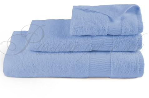 Passione per le tele Set Asciugamani in Spugna 3 pezzi Tris Bagno Viso 60x110 Ospite 40x60 Telo Doccia 100x150 in Cotone 100% Spugna 600 gr/mq (FASCIA celeste polvere)