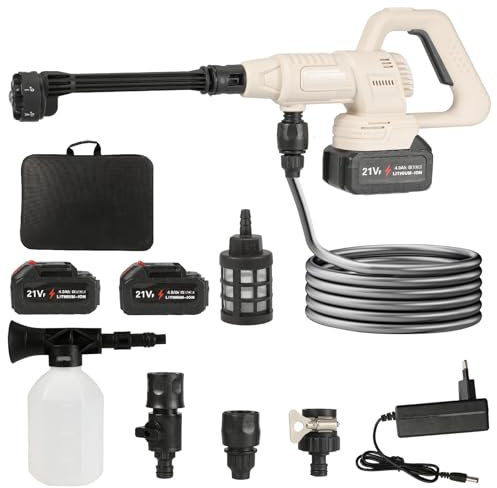 Limpiador de alta presión sin escobillas, 100 bar, con boquilla 6 en 1, caudal: 380 L/H, 1000 W, 3ª marcha, limpiador de superficies móviles para coche/jardín (2 baterías)