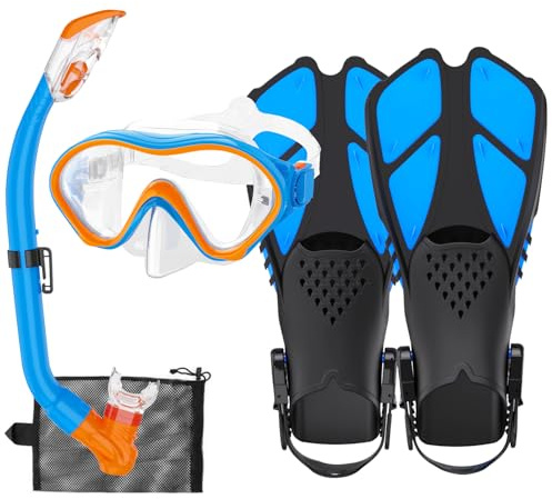 HH HHAO SPORT Kids Snorkeling Set with Fins Anti Leak Snorkeling Gear for Kids with Adjustable Flippers, Youth Junior Full Dry Snorkel Set Swimming Goggles with Nose Cover Diving Mask Scuba with Bag