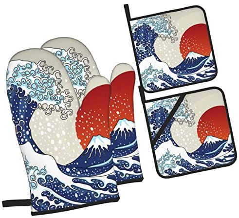 4 Piezas Guantes Horno Cocina La Gran Ola De Kanagawa (Japón) Guante para Barbacoa Multiusos Antideslizantes Manopla Horno para Cocina para Hornear, Barbacoa, Asar A La Parrilla