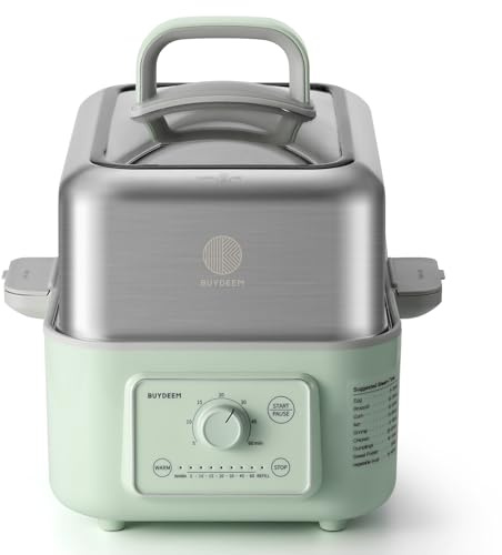BUYDEEM G52 5.3 Quart Electric Food Steamer for 2-4 Servings, Vegetable Steamer for Cooking, 2-hour Keep Warm, 7 Preset Timings, Dual Boil-Dry Protection, Stainless Steel, Cozy Greenish