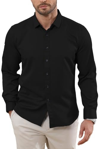 Halfword Camisas Formal Hombre Manga Larga Negocios Botones Elegantes Vestir Casual Boda Regular Fit Negro L