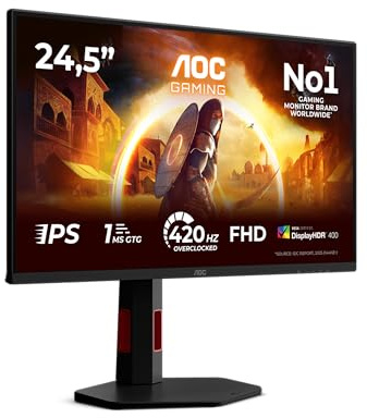 AOC 25G4KUR 25 inch FHD Gaming Monitor 420Hz, Fast IPS Panel, 0.5ms GtG, HDR400, G-Sync Compatible, Height Adjustment, (1920x1080 HDMI 2x 2.0 DP 1x 1.4 USB Hub) Black
