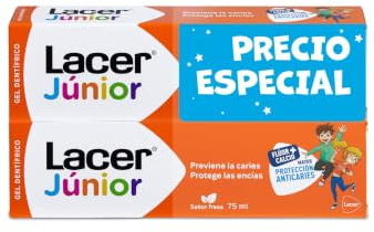 LACER JUNIOR - Gel Dental Pack 2 x 75 ml Sabor Fresa, Pasta de Dientes para Niños a partir de 6 Años - Previene la Caries - Fórmula de Flúor Más Calcio - Cuida los Dientes de Leche