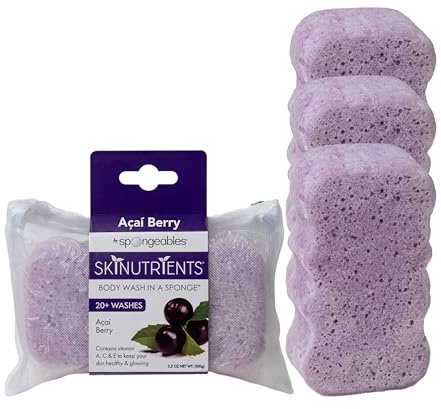 Spongeables Body Wash in a 20+ Wash Sponge, Acai Berry, 3 Count