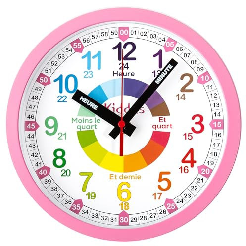 Kiddus Horloge Murale Enfant pour Apprendre l'Heure, Horloge Apprentissage Grande 20cm avec Aiguilles Inscrites Heure et Minute, Décoration Chambre Fille et Garçon, Silencieuse, Chiffres Colorés