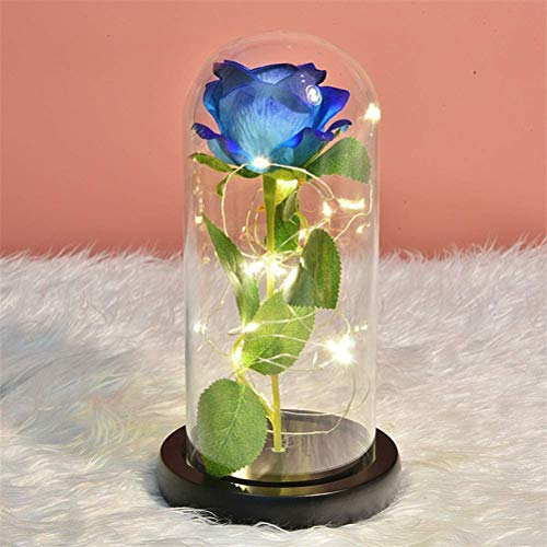 Rosa eterna en la campana, Kit LED de luz encantada, rosa, cúpula de cristal, la bella y la bestia rosa, de seda para el día de la madre, San Valentín, cumpleaños, boda, símbolo del amor (flor azul)